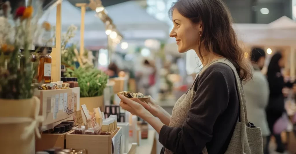 A woman shopping at a local market or small business store, browsing shelves filled with various products and plants. The scene illustrates real-world local search results where customers visit physical businesses after finding them online, emphasizing the importance of local SEO for small businesses.