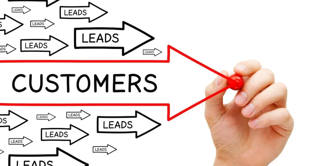A hand drawing a red arrow labeled "CUSTOMERS," surrounded by many black arrows labeled "LEADS," visually representing the concept of converting leads into paying customers through effective conversion rate optimization (CRO) strategies